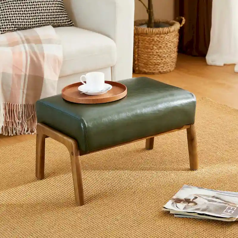 Tabouret d'appoint en similicuir avec pieds en hévéa de couleur noyer