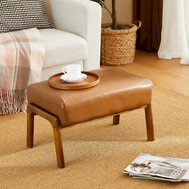 Tabouret d'appoint en similicuir avec pieds en hévéa de couleur noyer