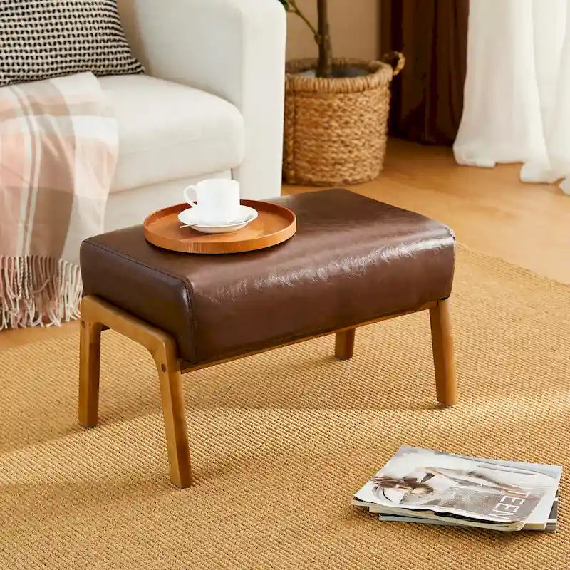 Tabouret d'appoint en similicuir avec pieds en hévéa de couleur noyer