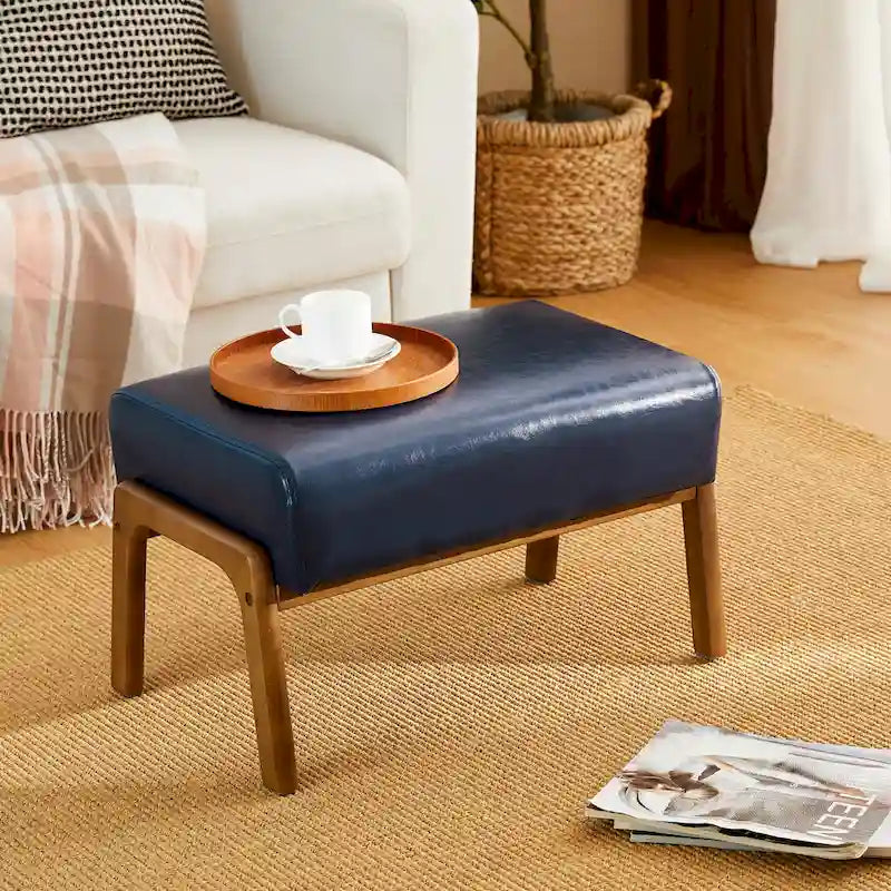 Tabouret d'appoint en similicuir avec pieds en hévéa de couleur noyer