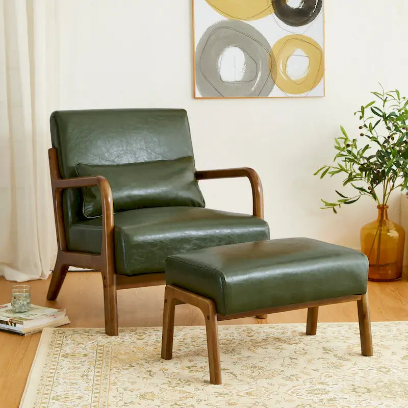 Tabouret d'appoint en similicuir avec pieds en hévéa de couleur noyer