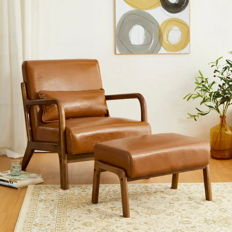 Tabouret d'appoint en similicuir avec pieds en hévéa de couleur noyer