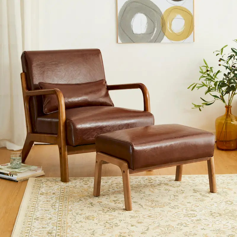 Tabouret d'appoint en similicuir avec pieds en hévéa de couleur noyer