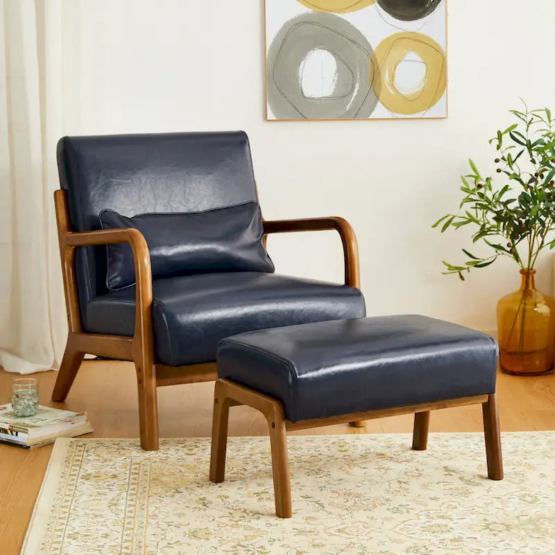 Tabouret d'appoint en similicuir avec pieds en hévéa de couleur noyer