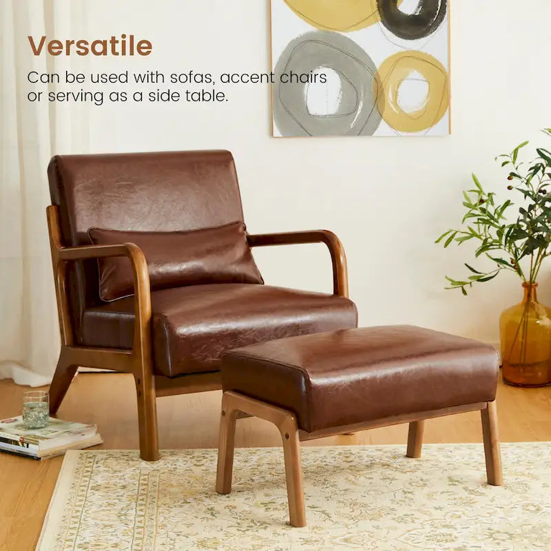 Tabouret d'appoint en similicuir avec pieds en hévéa de couleur noyer