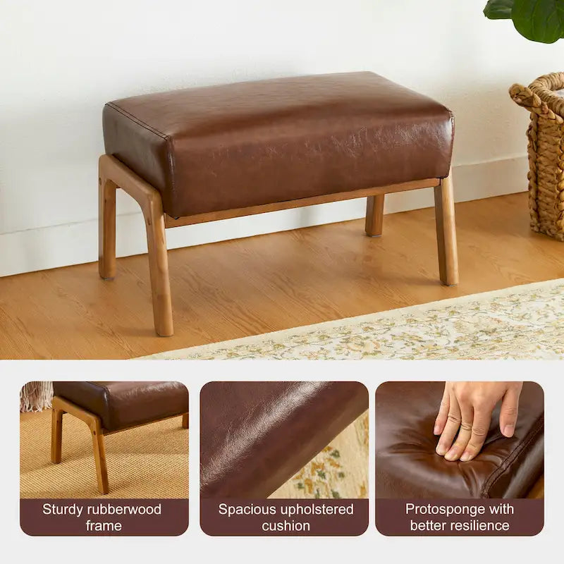 Tabouret d'appoint en similicuir avec pieds en hévéa de couleur noyer
