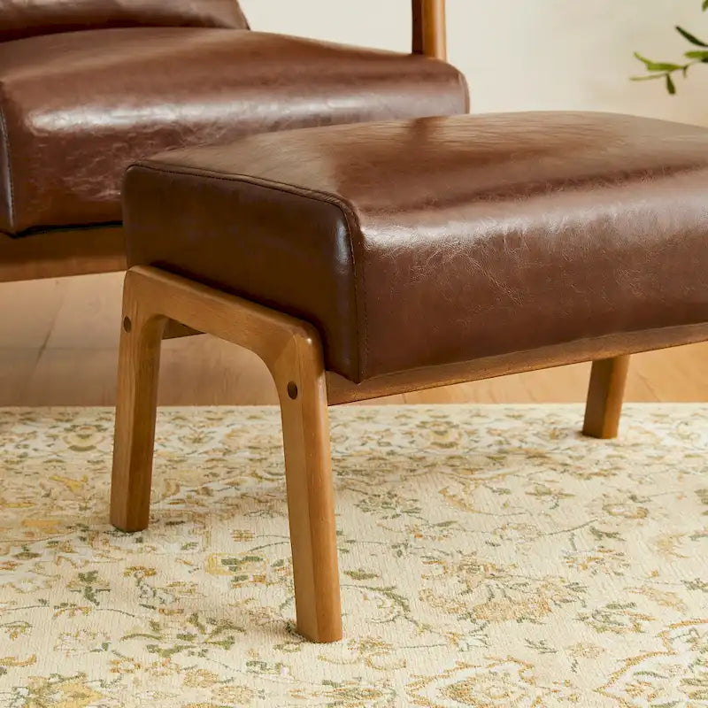 Tabouret d'appoint en similicuir avec pieds en hévéa de couleur noyer