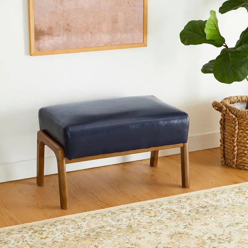Tabouret d'appoint en similicuir avec pieds en hévéa de couleur noyer
