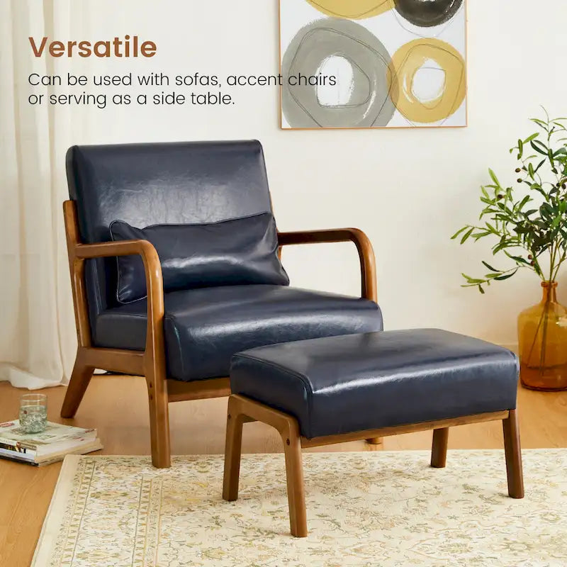 Tabouret d'appoint en similicuir avec pieds en hévéa de couleur noyer