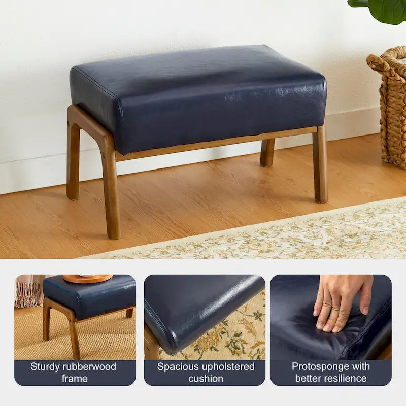 Tabouret d'appoint en similicuir avec pieds en hévéa de couleur noyer