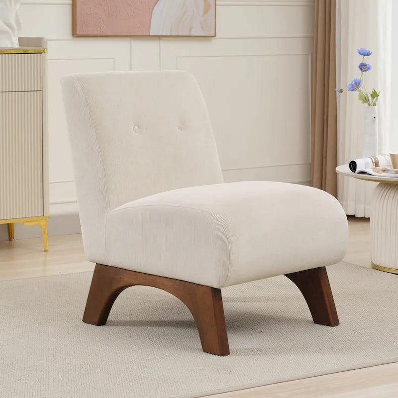 Fauteuil d'appoint sans accoudoirs en velours côtelé avec pieds en bois massif et assise rembourrée