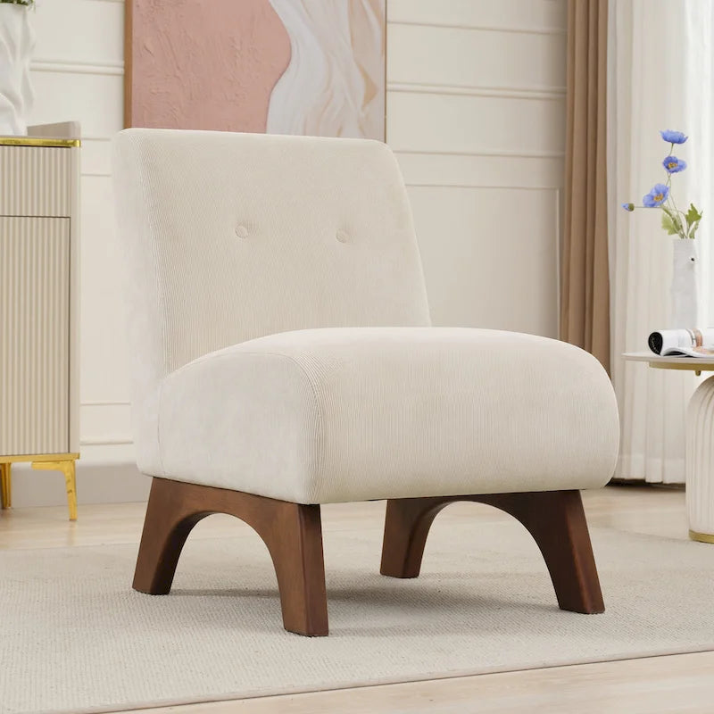 Fauteuil d'appoint sans accoudoirs en velours côtelé avec pieds en bois massif et assise rembourrée