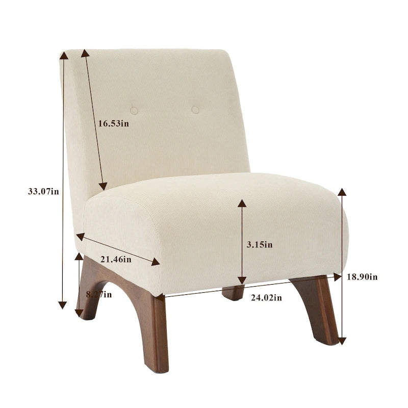 Fauteuil d'appoint sans accoudoirs en velours côtelé avec pieds en bois massif et assise rembourrée