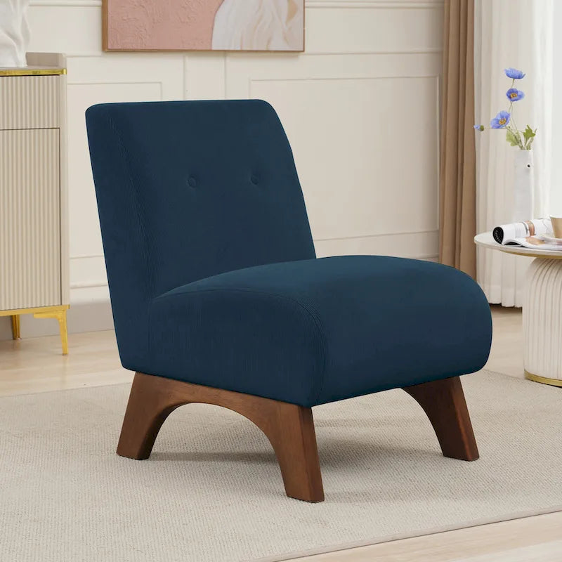 Fauteuil d'appoint sans accoudoirs en velours côtelé avec pieds en bois massif et assise rembourrée