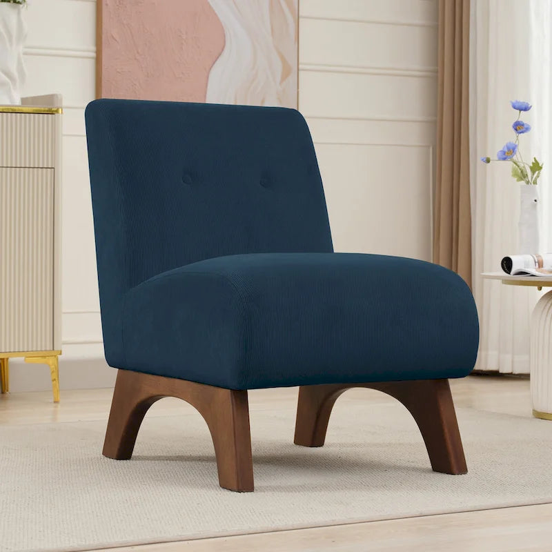 Fauteuil d'appoint sans accoudoirs en velours côtelé avec pieds en bois massif et assise rembourrée