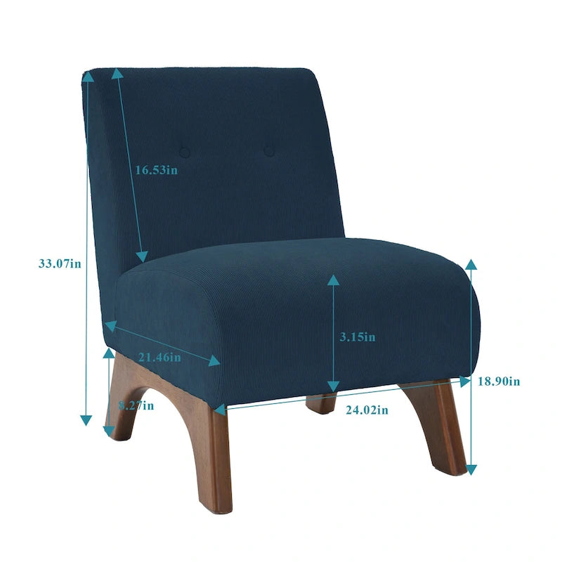 Fauteuil d'appoint sans accoudoirs en velours côtelé avec pieds en bois massif et assise rembourrée