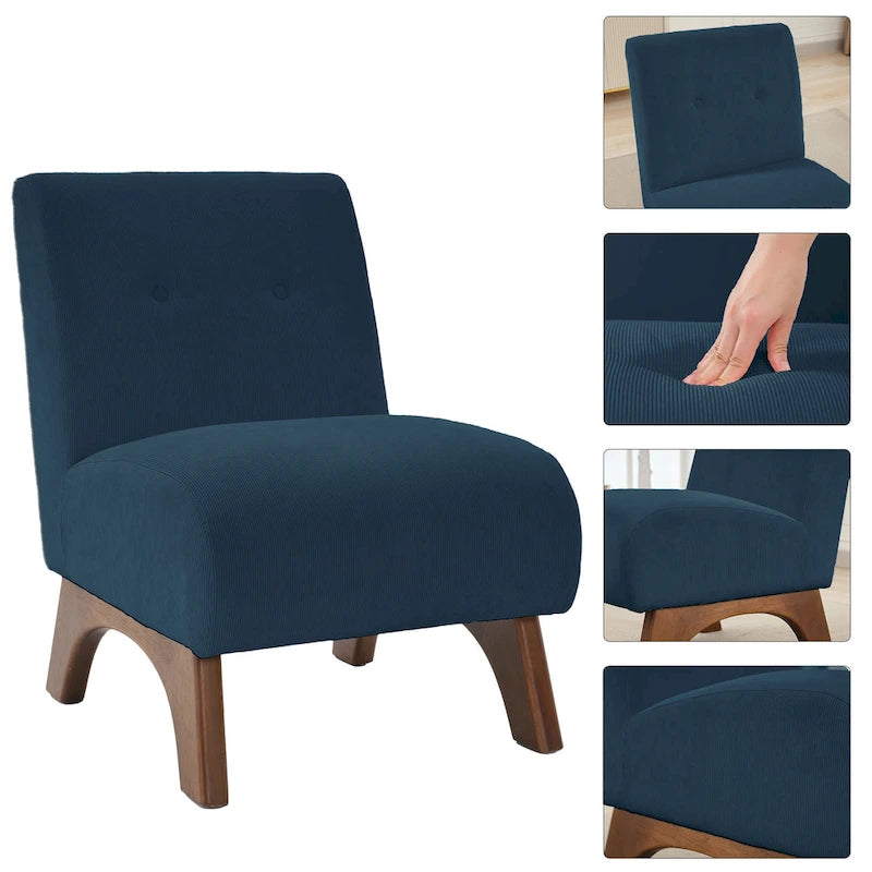 Fauteuil d'appoint sans accoudoirs en velours côtelé avec pieds en bois massif et assise rembourrée