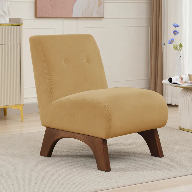 Fauteuil d'appoint sans accoudoirs en velours côtelé avec pieds en bois massif et assise rembourrée