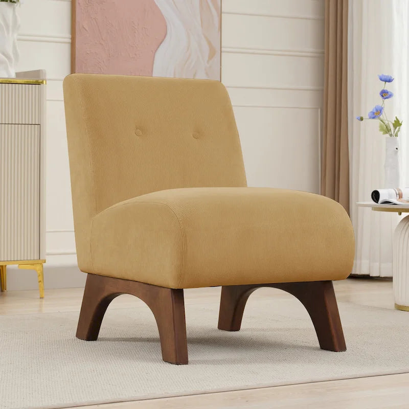 Fauteuil d'appoint sans accoudoirs en velours côtelé avec pieds en bois massif et assise rembourrée
