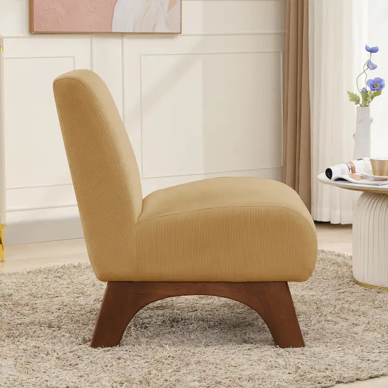 Fauteuil d'appoint sans accoudoirs en velours côtelé avec pieds en bois massif et assise rembourrée