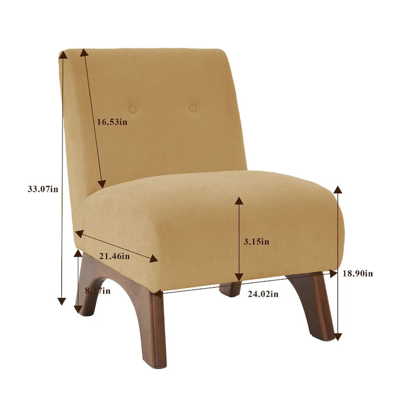 Fauteuil d'appoint sans accoudoirs en velours côtelé avec pieds en bois massif et assise rembourrée