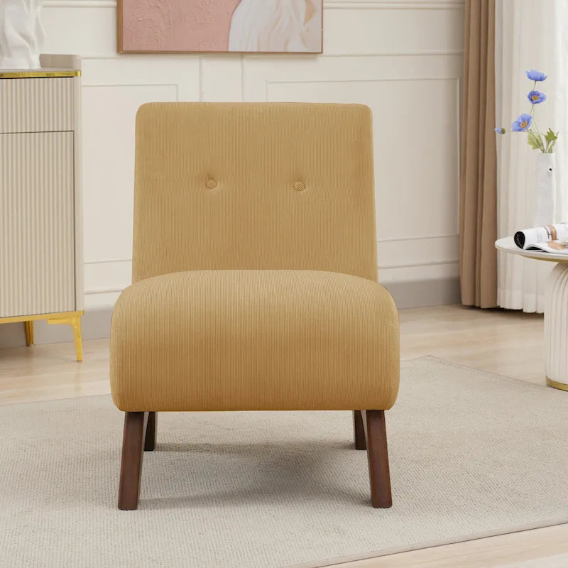 Fauteuil d'appoint sans accoudoirs en velours côtelé avec pieds en bois massif et assise rembourrée
