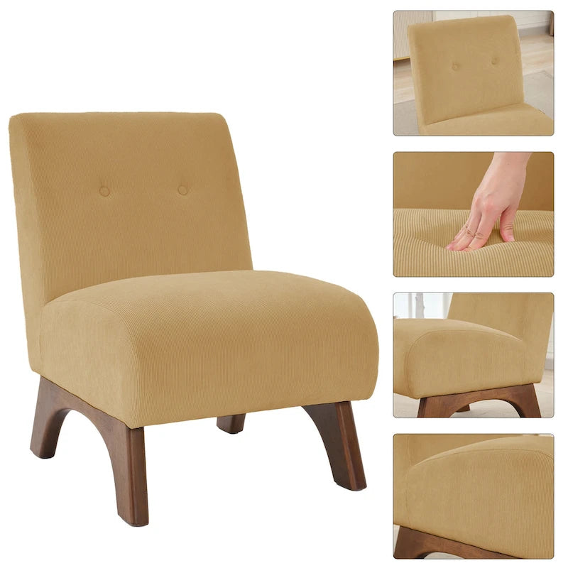 Fauteuil d'appoint sans accoudoirs en velours côtelé avec pieds en bois massif et assise rembourrée