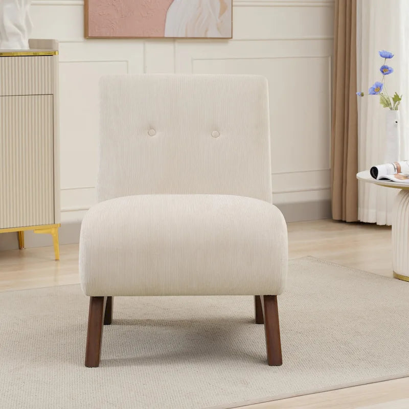 Fauteuil d'appoint sans accoudoirs en velours côtelé avec pieds en bois massif et assise rembourrée