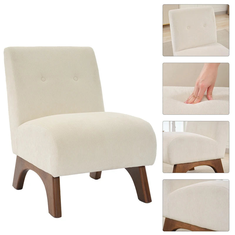 Fauteuil d'appoint sans accoudoirs en velours côtelé avec pieds en bois massif et assise rembourrée