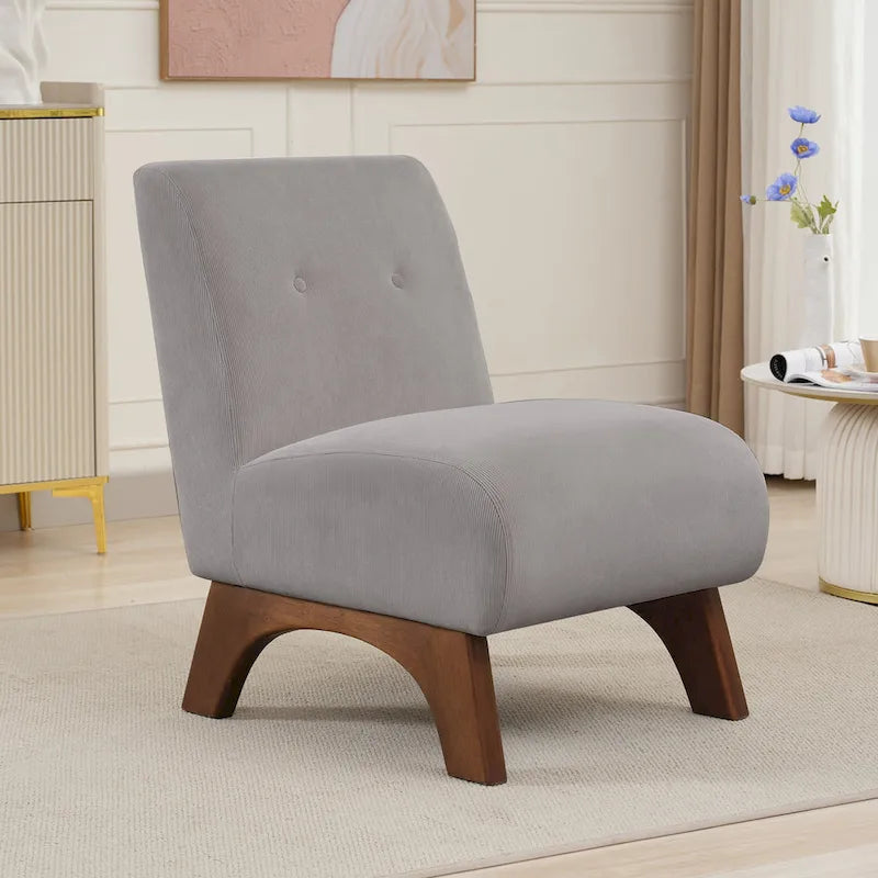 Fauteuil d'appoint sans accoudoirs en velours côtelé avec pieds en bois massif et assise rembourrée