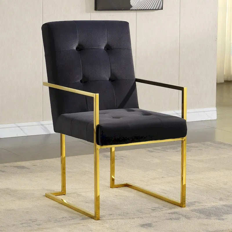 Chaise de salle à manger moderne en velours avec accoudoirs, capitonnée et base en acier inoxydable doré