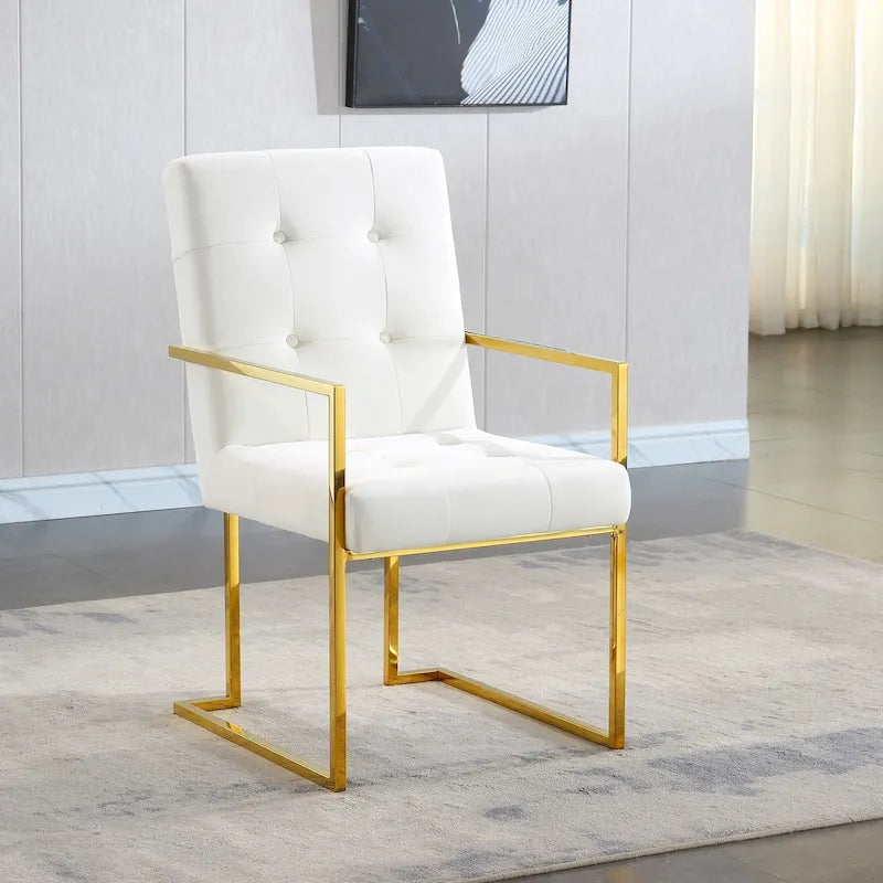Chaise de salle à manger moderne en velours avec accoudoirs, capitonnée et base en acier inoxydable doré