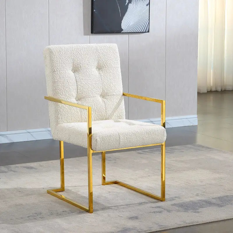 Chaise de salle à manger moderne en velours avec accoudoirs, capitonnée et base en acier inoxydable doré