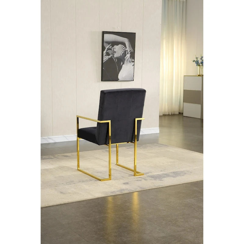 Chaise de salle à manger moderne en velours avec accoudoirs, capitonnée et base en acier inoxydable doré