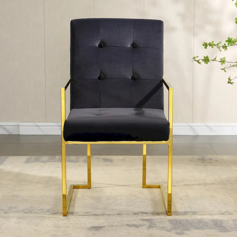 Chaise de salle à manger moderne en velours avec accoudoirs, capitonnée et base en acier inoxydable doré