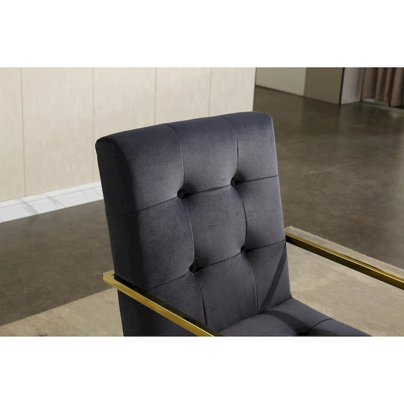 Chaise de salle à manger moderne en velours avec accoudoirs, capitonnée et base en acier inoxydable doré