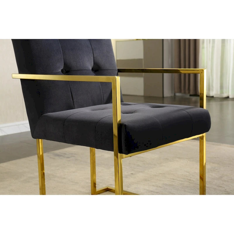 Chaise de salle à manger moderne en velours avec accoudoirs, capitonnée et base en acier inoxydable doré