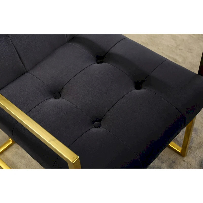 Chaise de salle à manger moderne en velours avec accoudoirs, capitonnée et base en acier inoxydable doré