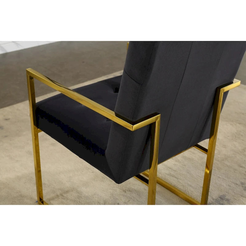 Chaise de salle à manger moderne en velours avec accoudoirs, capitonnée et base en acier inoxydable doré