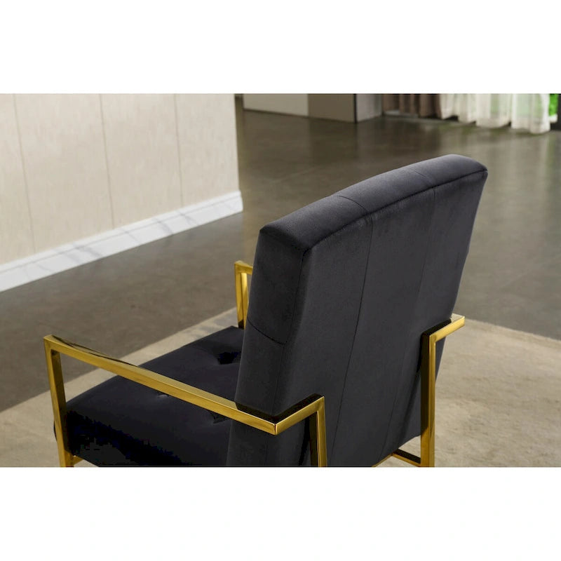 Chaise de salle à manger moderne en velours avec accoudoirs, capitonnée et base en acier inoxydable doré