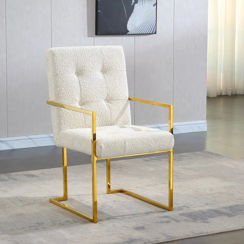 Chaise de salle à manger moderne en velours avec accoudoirs, capitonnée et base en acier inoxydable doré