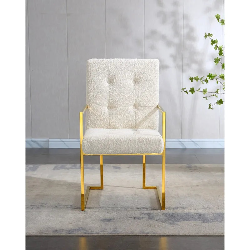 Chaise de salle à manger moderne en velours avec accoudoirs, capitonnée et base en acier inoxydable doré