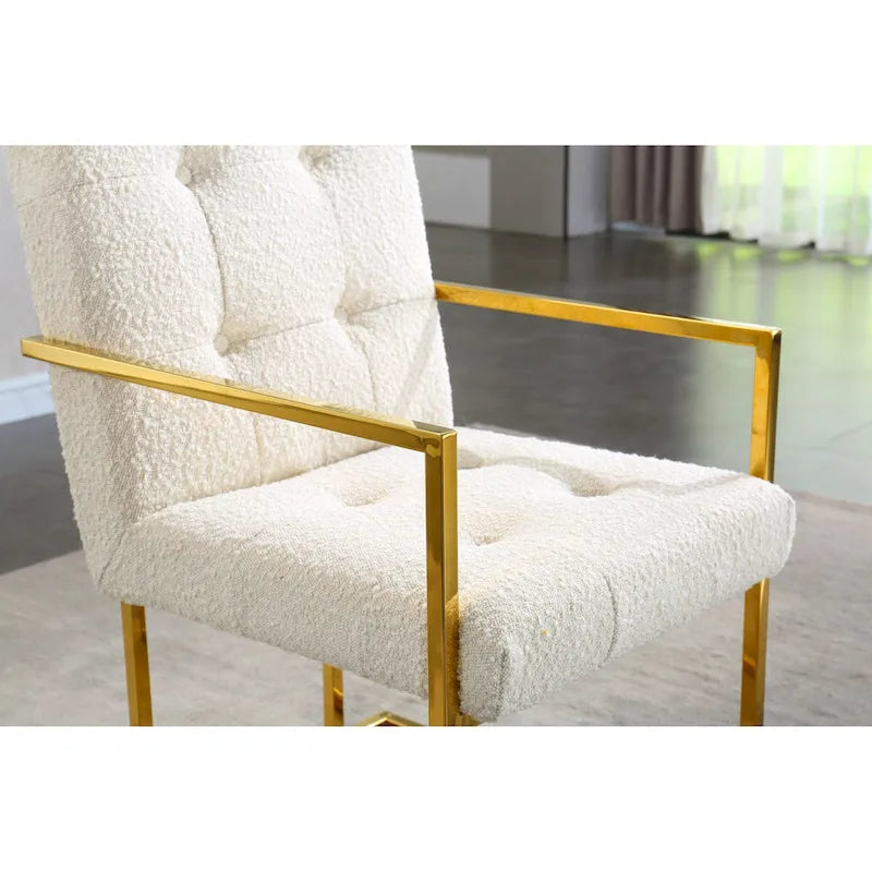 Chaise de salle à manger moderne en velours avec accoudoirs, capitonnée et base en acier inoxydable doré