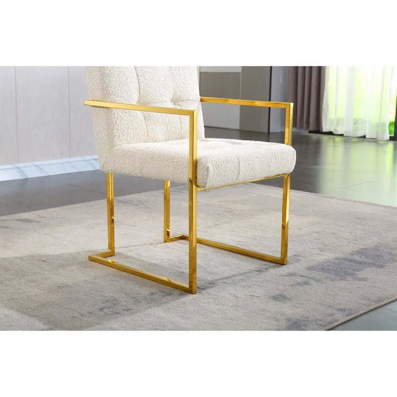 Chaise de salle à manger moderne en velours avec accoudoirs, capitonnée et base en acier inoxydable doré