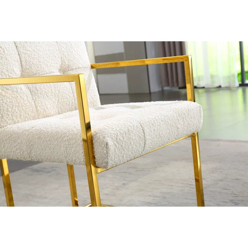 Chaise de salle à manger moderne en velours avec accoudoirs, capitonnée et base en acier inoxydable doré