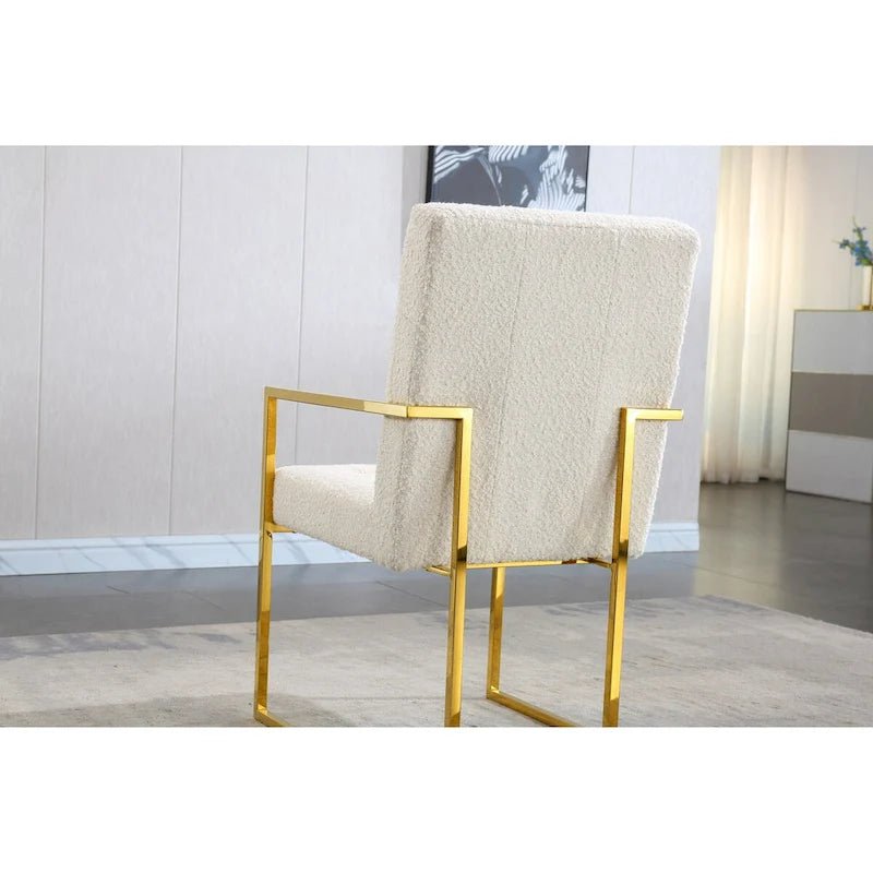 Chaise de salle à manger moderne en velours avec accoudoirs, capitonnée et base en acier inoxydable doré