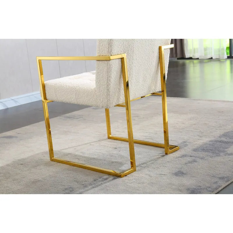 Chaise de salle à manger moderne en velours avec accoudoirs, capitonnée et base en acier inoxydable doré