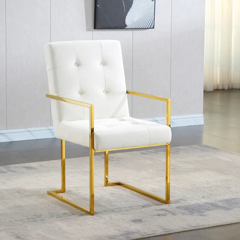 Chaise de salle à manger moderne en velours avec accoudoirs, capitonnée et base en acier inoxydable doré