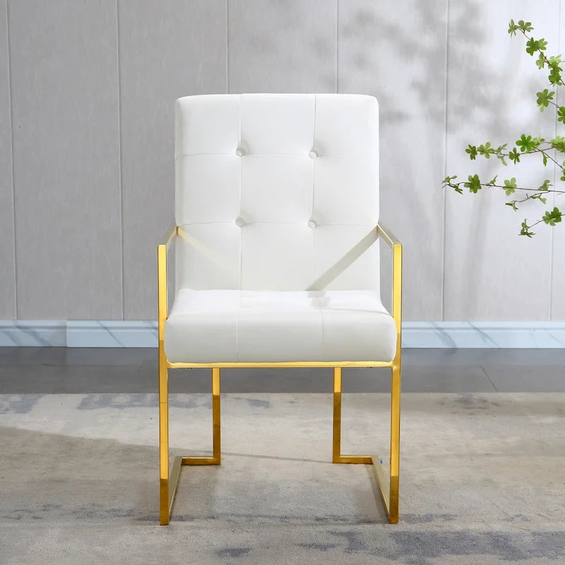 Chaise de salle à manger moderne en velours avec accoudoirs, capitonnée et base en acier inoxydable doré