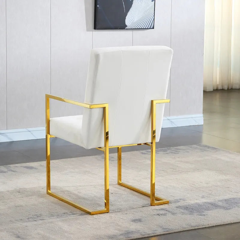 Chaise de salle à manger moderne en velours avec accoudoirs, capitonnée et base en acier inoxydable doré